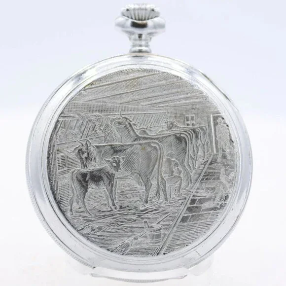 Vintage Arly Milking Scene 15 Jewel Mechanical Pocket Watch UT 6445 Swiss